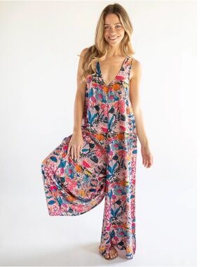 NWOT Let’s Just Go Wide-Leg Jumpsuit, Light Pink Multi Floral, Size S/M